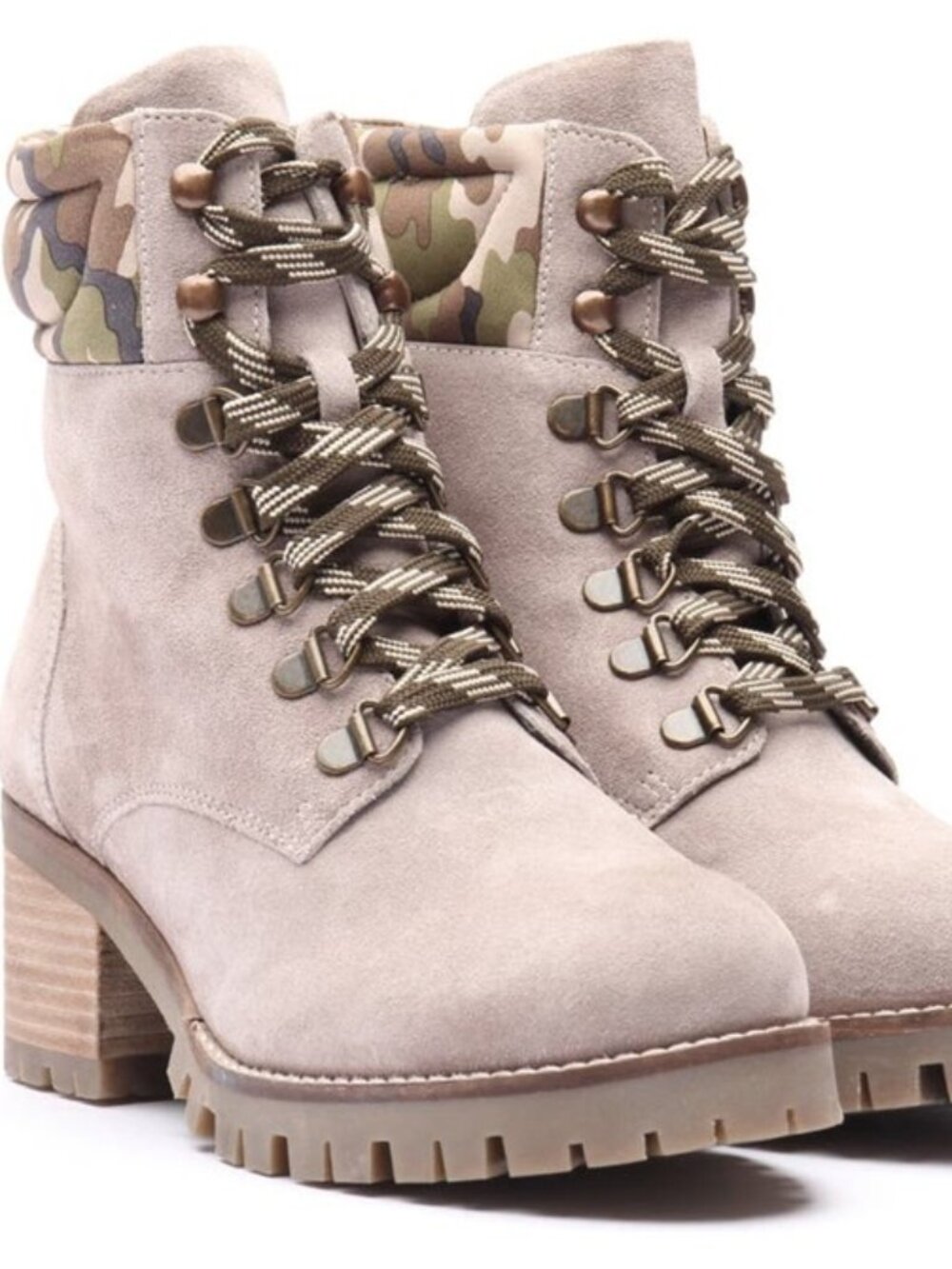 Crevo Joyce Camo Lace Up Boots Suede Leather Heel Booties Gray Size 8.5 NEW